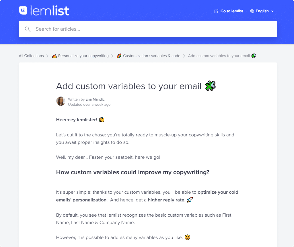Lemlist Support for Custom Variables
