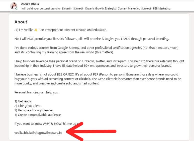 Email in LinkedIn about section